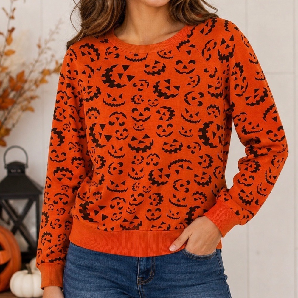 Modern Lux L Orange Black Jack-O'-Lantern Halloween Tee Pumpkin Fall Autumn